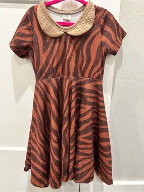 Girls' Zebra Print Brown Dress with Peter Pan Collar